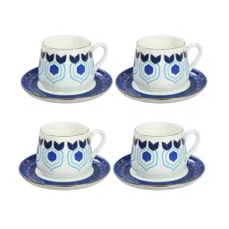India Circus by Krsnaa Mehta Botanical Elegance Printed Indigo Bone China Cup and Saucer - Set of 4 image 5