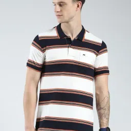 Monte Carlo Navy Blue Cotton Blend Regular Fit Stripes Polo T-Shirt-picture-28