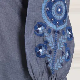 W Blue Cotton Embroidered A-Line Kurti image 5