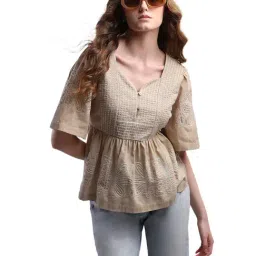 Vero Moda Beige Cotton Embroidered Peplum Top-image-56