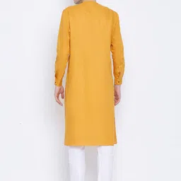 NAMASKAR Men Mustard Yellow & White Cotton Solid Kurta with Churidar image 3