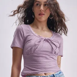 Tokyo Talkies Women Ribbed Self Design Round Neck Tie-Ups Regular Crop Top-picture-48