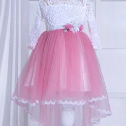 Ministitch Three Fourth Sleeves Corsage Applique Bottom Lace Detailed Tulle Party Wear Dress - Pink-picture-10