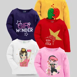 KUCHIPOO Pack Of 5  Full Sleeves Star Text & Girl Printed Tees - Multi Colour image 1