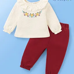 Babyoye Cotton Jersey Knit Full Sleeves Quilted Floral Embroidery Winter Wear Suit - White & Red-picture-17