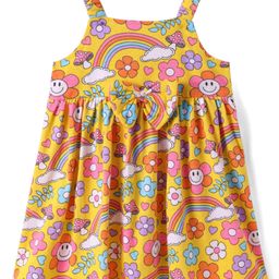 Babyhug Single Jersey Knit Sleevless Frock with Floral Rainbow Print & Bow Applique - Yellow-image-131