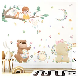 Jaamso Royals Cartoon Bear and Baby Elephant Design Decorative Wall Sticker-image-97