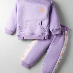 Little Kangaroos Fleece Knit Winter Wear Full Sleeves Bear Printed T-Shirt & Lounge Pants with Kangroo Pockets & Joggers Set - Mauve-picture-28