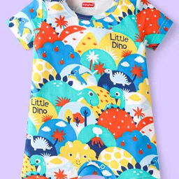 Babyhug 100% Cotton Knit Half Sleeves Dino Printed Romper - White Red & Green-picture-14
