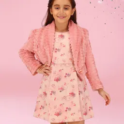 Cutecumber Floral Printed Dress With Full Sleeves Fur Detailed Shrug Set - Peach-picture-13