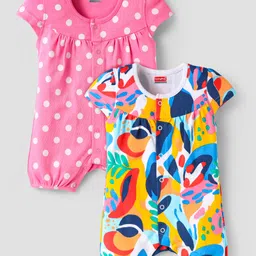 Babyhug Interlock Knit Half Sleeves Romper with Polka Dot & Abstract PrintPack of 2 - Pink & Blue-picture-10