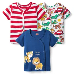 Babyhug 100% Cotton Knit Half Sleeves Antibacterial Striped & Animal Printed Front Open jhablas Pack of 3 - Navy Blue Red & White-picture-26