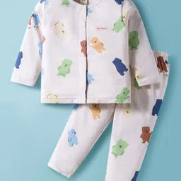 ToffyHouse Cotton Knit Full Sleeves Front Open Night Suit With Bear Print - Beige-image-80