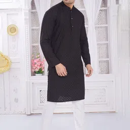 PulseIQ Men Geometric Embroidered Regular Kurta with Pyjamas-image-10