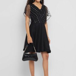 Porsorte Embellished Flutter Sleeve Net Formal Fit & Flare Dress-picture-16