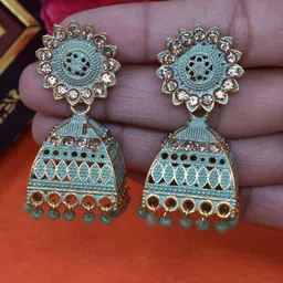 MEIRA JEWELLERY Artificial Stones Studded Beaded Dome Shaped Jhumkas-picture-12