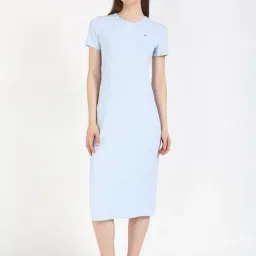 TOMMY HILFIGER Blue Polyester Solid Short Sleeve Midi Dress-image-79
