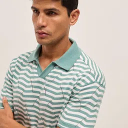 The Bear House Green Cotton Relaxed Fit Self Design Polo T-Shirt image 5