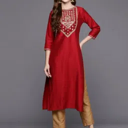 Indo Era Red Embroidered Straight Kurta-picture-17