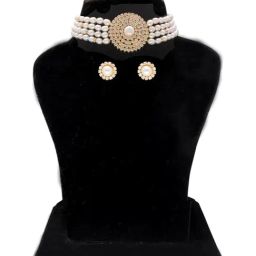 Sri Jagdamba Pearls Whisper Pearl White & Golden Necklace and Earring Set-picture-35