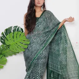 Satrani Green Cotton Printed Saree With Unstitched Blouse image 5