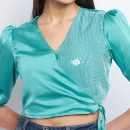 MADAME Sea Green Embellished Crop Top image 5