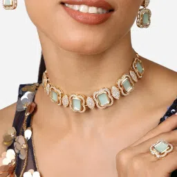 Zaveri Pearls Mint Green Stones Austrian Diamonds Choker Necklace Earring & Ring Set-ZPFK17277 image 5