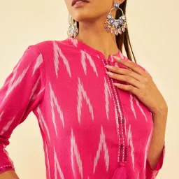Soch Womens Pink Cotton Ikat Printed Straight Kurta With Sequins image 5