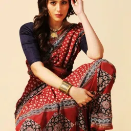 Aditri Maroon Handprinted Ajrakh On Chanderi Silk Saree image 5
