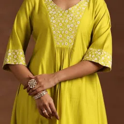 Libas Yellow Floral Embroidered Yoke A-line Kurta with Embroidered Hem Trouser image 5