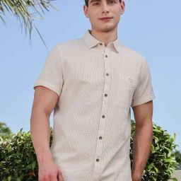 Thomas Scott Beige Cotton Slim Fit Striped Shirt-picture-16