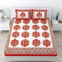 Living Roots Jaipuri White & Red 210 TC Cotton Queen Bed Sheet with 2 Pillow Covers-picture-10