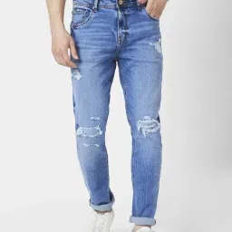 Spykar Light Blue Cotton Slim Fit Distressed Jeans-picture-40