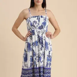 Moomaya White & Blue Floral Print Fit & Flare Dress-picture-28