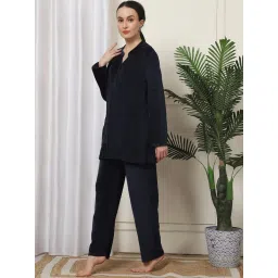 Kanvin Women Winter Solid Navy Blue Kurti with Pajama (Set of 2) image 3
