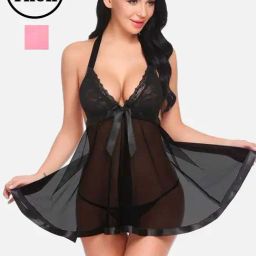 fims FIMS: Fashion is my Style Black & Pink Lace Work Babydoll With Thong-picture-2