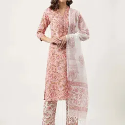 Divena Pink Cotton Floral Print Kurta Pant Set With Dupatta-image-2