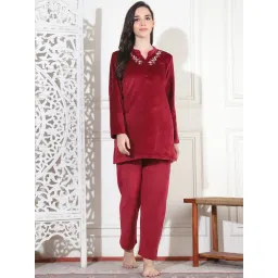Kanvin Women Winter Embroidered Red Kurti with Pajama (Set of 2) image 1