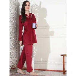 Kanvin Women Winter Embroidered Red Kurti with Pajama (Set of 2) image 5