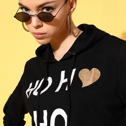 SASSAFRAS Women Black & White Printed Hooded Sweatshirt image 3