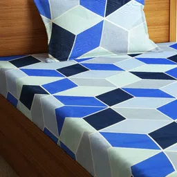 Fashion String Blue & Green Geometric 144 TC Single Bedsheet with 1 Pillow Covers image 3