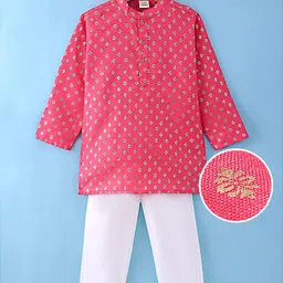 Saka Designs Cotton Woven Full Sleeves Kurta Pyjama Set with Floral Foil Print - Dark Pink image 1