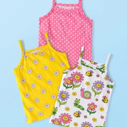 Babyhug 100% Cotton Knit Singlet Sleeves Slips with Floral Print & Polka Dots Pack of 3 - Yellow Pink & White image 1