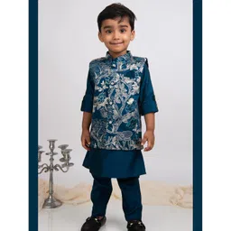 LITTLE COLLARS Full Sleeves Solid Kurta Pyjama With Floral Embroidered Jacket - Blue-picture-27