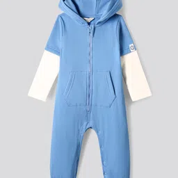 Bonfino 100% Cotton Fleece Knit Full Doctor Sleeves Solid Hooded Romper With Kangaroo Pockets - Blue-image-35