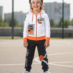 OLLINGTON ST. Cotton Poly Knit Full Sleeves Zipper Hoodie & Joggers- White & Grey-picture-12