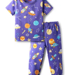 Babyhug Cotton Knit Half Sleeves Co-ords Night Suit With Space Theme Print - Purple-picture-36