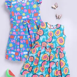 TOONYPORT Cotton Pack Of 2 Sleeveless Papaya & Alphabets Printed Dresses - Multi Colour-picture-17