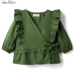 arias by lara dutta Arias Cotton Woven Full Sleeves Solid Color Peplum Top with Frill Detailing - Green-picture-16