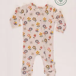 furr balls Organic Cotton Knit Full Sleeves Floral Printed Sleepsuit - Off White-picture-28